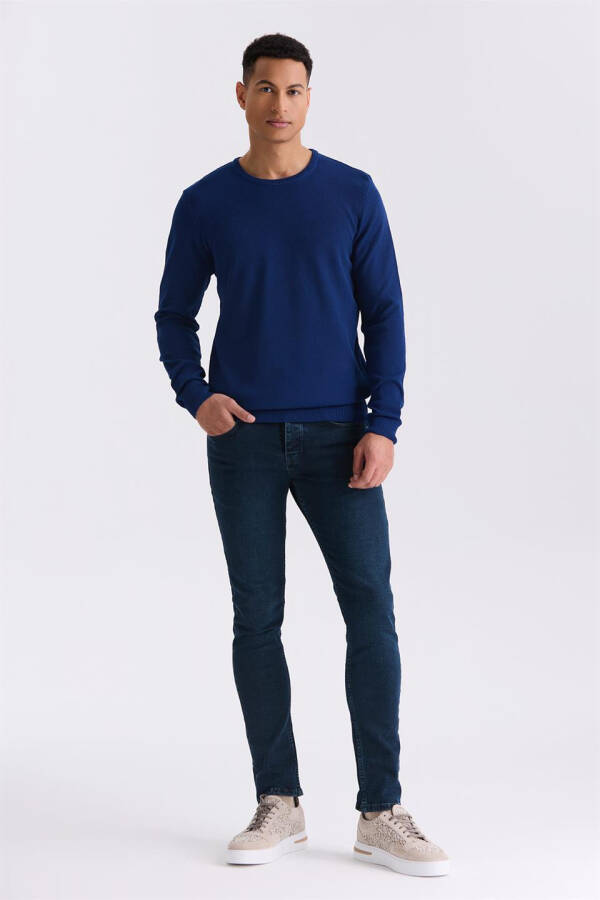 Indigo Slim Fit Crew Neck Patterned Knit Sweater - 6