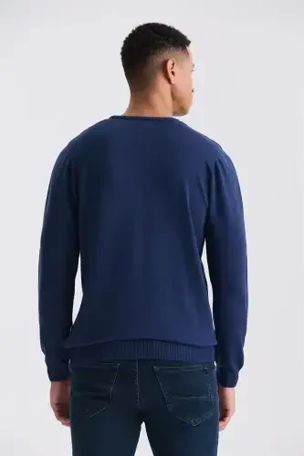 Indigo Slim Fit Crew Neck Patterned Knitted Pullover - 4