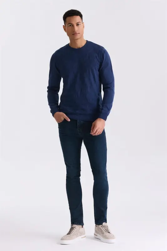 Indigo Slim Fit Crew Neck Patterned Knitted Pullover - 2