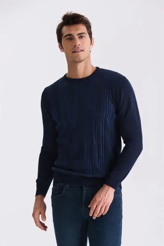 Indigo Slim Fit Crewneck Patterned Knitwear Sweater - Modazone