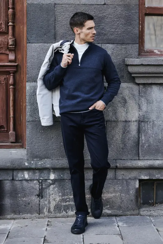 Indigo Slim Fit Fermuarlı Trikotaj Jemper - 3