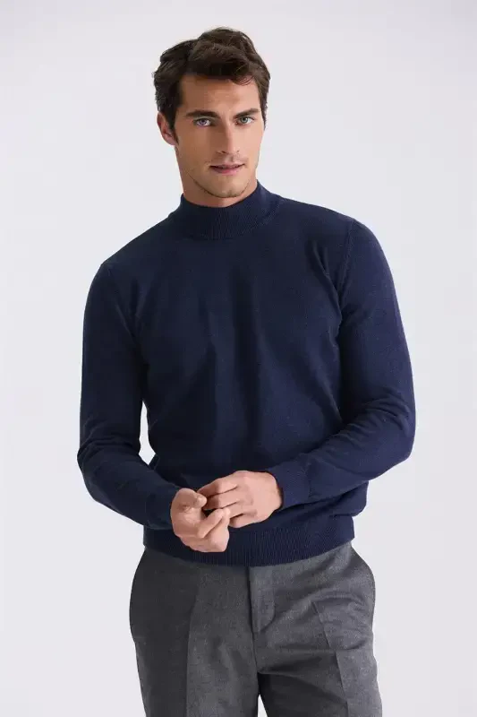 Indigo Slim Fit Half Fisherman Neck Knitted Sweater - 1