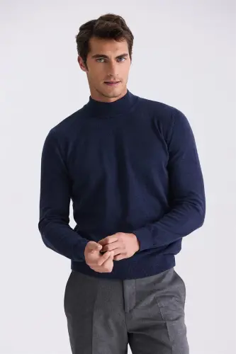 Indigo Slim Fit Half Fisherman Neck Knitted Sweater 
