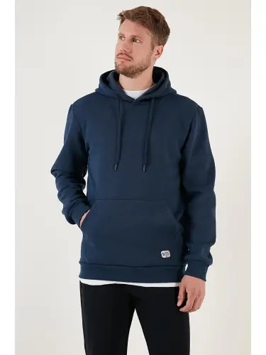 İndigo Slim Fit Kapüşonlu Kanguru Cepli İçi Tüylü Yumuşak Şardonlu Erkek Hoodie 5905281-İndigo 
