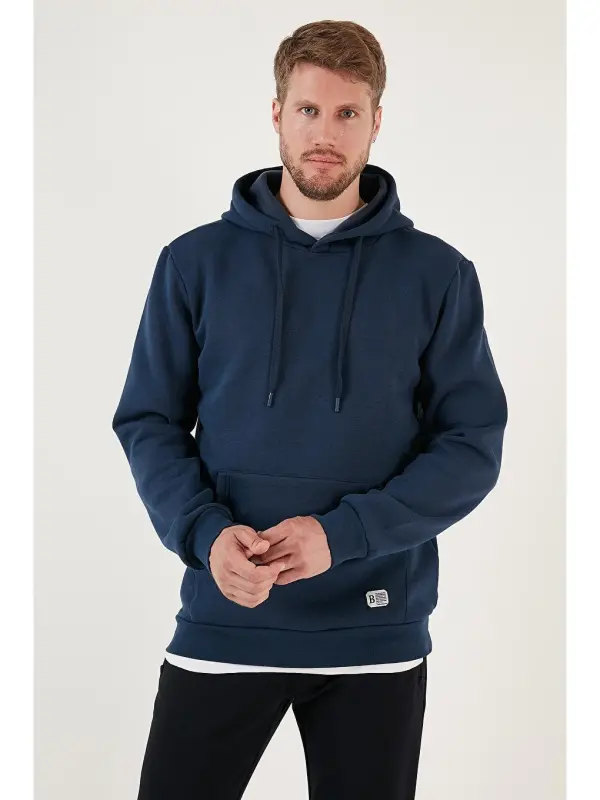 İndigo Slim Fit Kapüşonlu Kanguru Cepli İçi Tüylü Yumuşak Şardonlu Erkek Hoodie 5905281-İndigo - 2