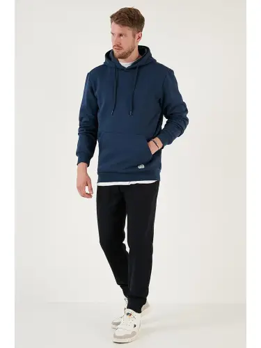 İndigo Slim Fit Kapüşonlu Kanguru Cepli İçi Tüylü Yumuşak Şardonlu Erkek Hoodie 5905281-İndigo - 3