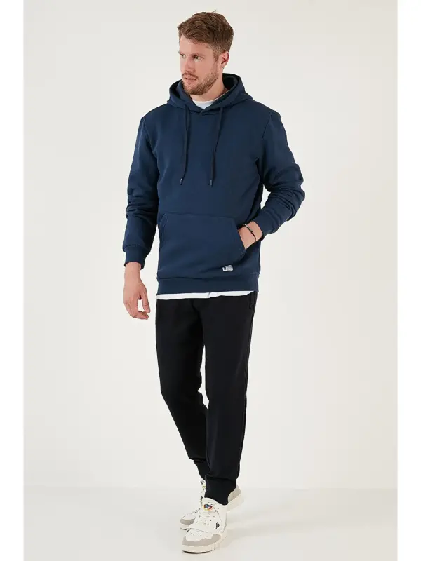 İndigo Slim Fit Kapüşonlu Kanguru Cepli İçi Tüylü Yumuşak Şardonlu Erkek Hoodie 5905281-İndigo - 3