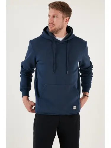 İndigo Slim Fit Kapüşonlu Kanguru Cepli İçi Tüylü Yumuşak Şardonlu Erkek Hoodie 5905281-İndigo - 4