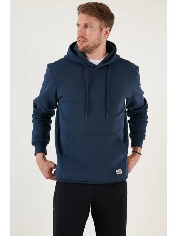 İndigo Slim Fit Kapüşonlu Kanguru Cepli İçi Tüylü Yumuşak Şardonlu Erkek Hoodie 5905281-İndigo - 4