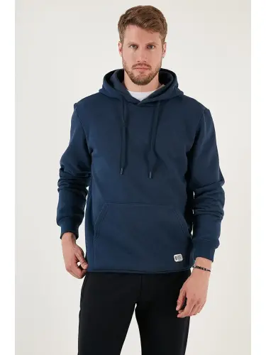 İndigo Slim Fit Kapüşonlu Kanguru Cepli İçi Tüylü Yumuşak Şardonlu Erkek Hoodie 5905281-İndigo - 5
