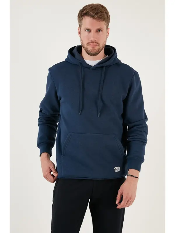 İndigo Slim Fit Kapüşonlu Kanguru Cepli İçi Tüylü Yumuşak Şardonlu Erkek Hoodie 5905281-İndigo - 5