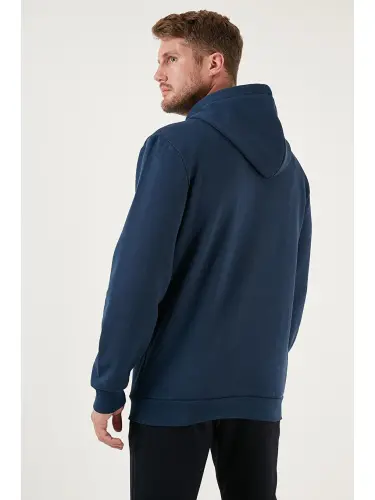 İndigo Slim Fit Kapüşonlu Kanguru Cepli İçi Tüylü Yumuşak Şardonlu Erkek Hoodie 5905281-İndigo - 6