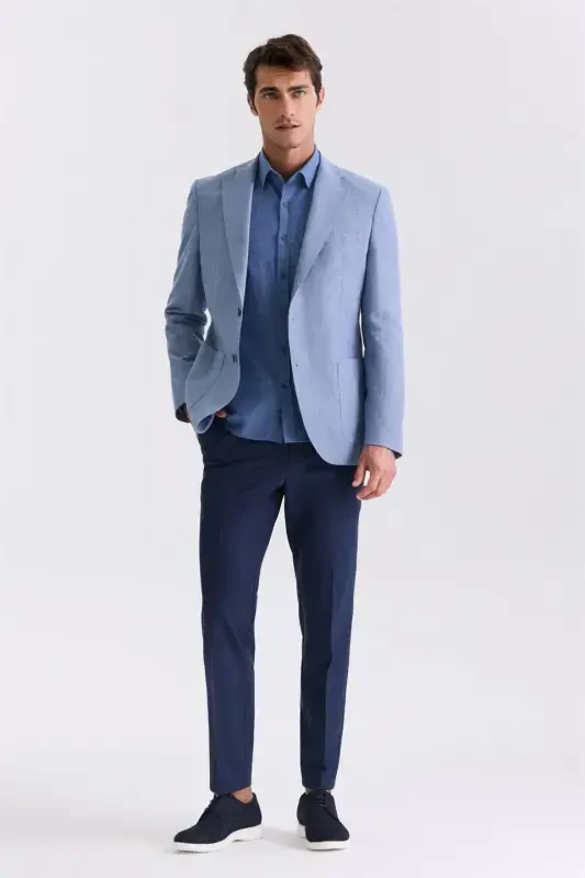 Indigo Slim Fit Mono Collar Linen Sports Jacket - 2