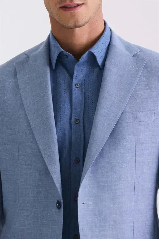 Indigo Slim Fit Mono Collar Linen Sports Jacket - 3