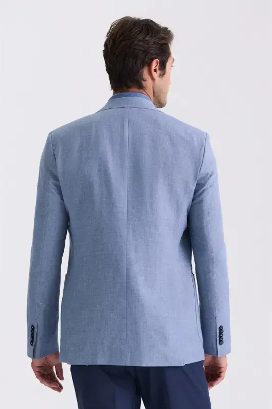 Indigo Slim Fit Mono Collar Linen Sports Jacket - 4