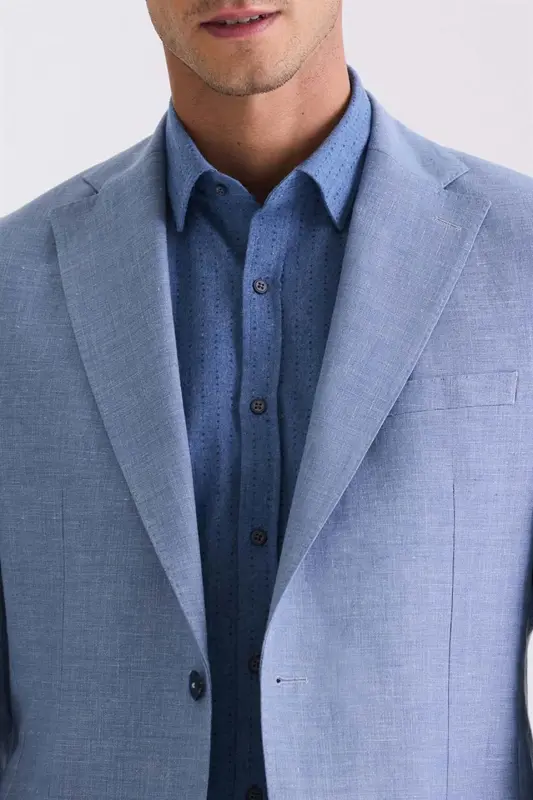 Indigo Slim Fit Mono Collar Linen Sports Jacket - 3