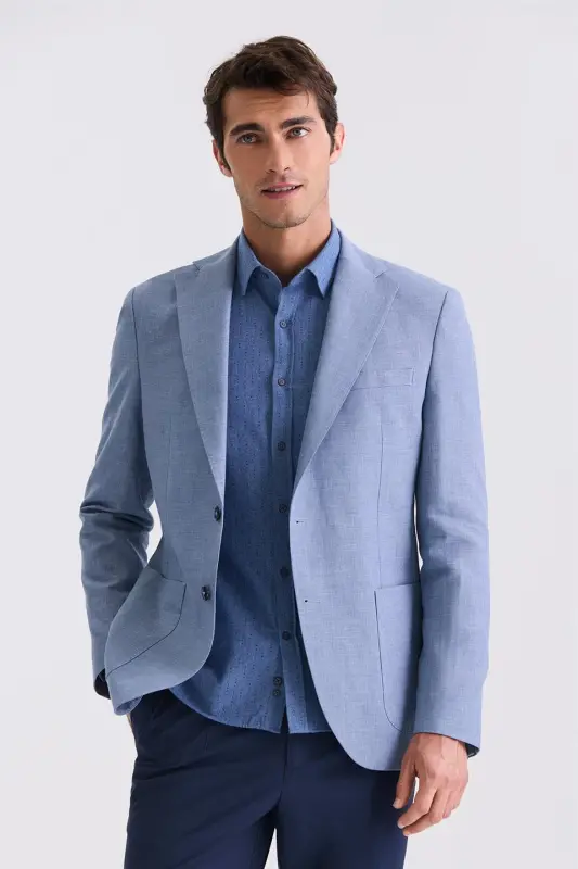 İndigo Slim Fit Mono Yaka Keten Spor Ceket - JAKAMEN