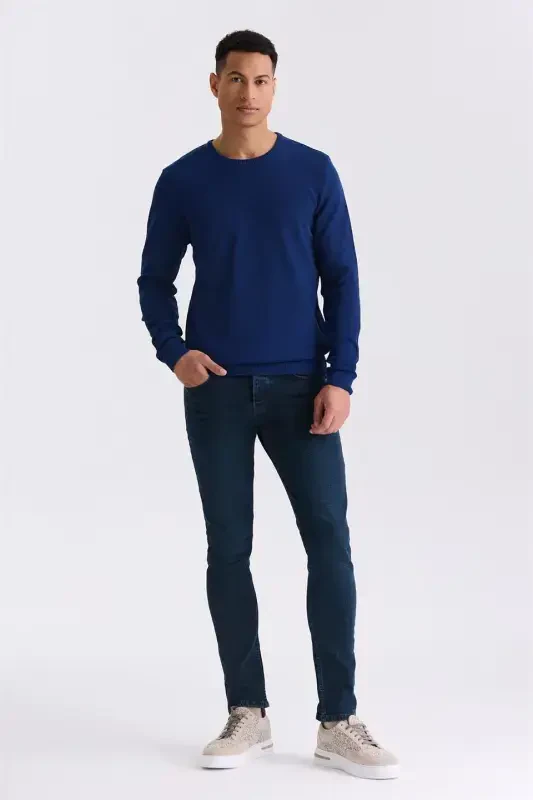 Indigo Slim Fit Velosiped Yoqali Naqshlangan Trikotay Jemper - 2