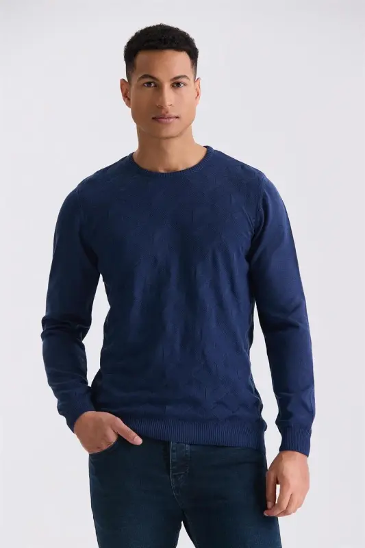 Indigo Slim Fit Velosiped Yoqasida Naqshli Triko Kozok - 1