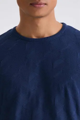 Indigo Slim Fit Velosiped Yoqasida Naqshli Triko Kozok - 3