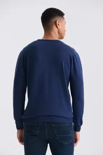 Indigo Slim Fit Velosiped Yoqasida Naqshli Triko Kozok - 4