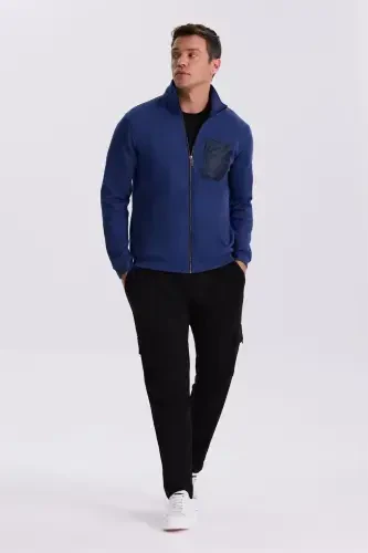 Indigo Slim Fit Zipped Cotton Lycra Sweatshirt 