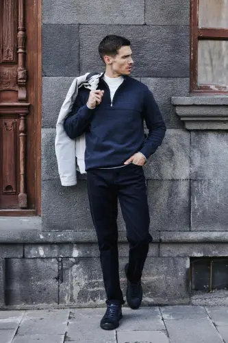 Indigo Slim Fit Zippered Knit Sweater - JAKAMEN (1)