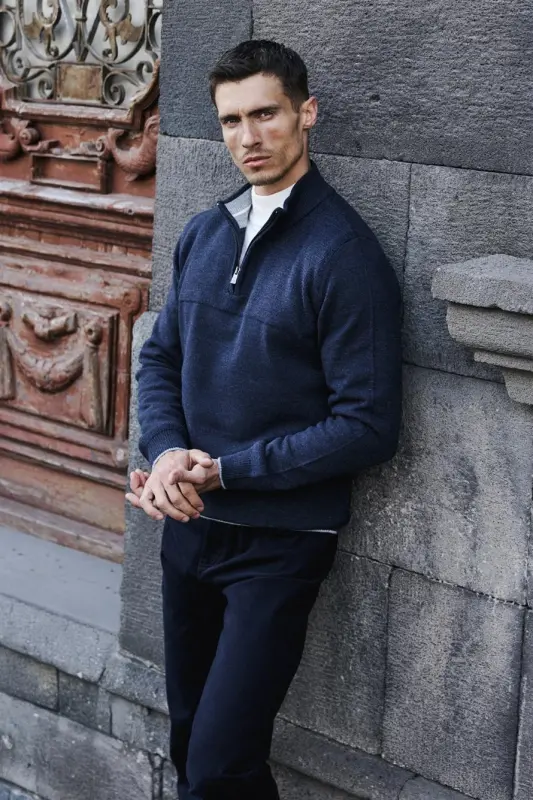 Indigo Slim Fit Zippered Knit Sweater - JAKAMEN
