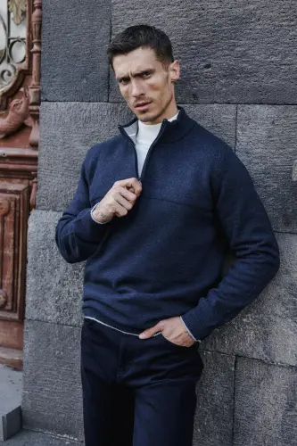 Indigo Slim Fit Zippered Knit Sweater - 4