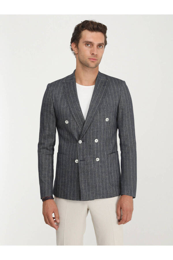 Indigo Striped Slim Fit Linen Blend Jacket - 8