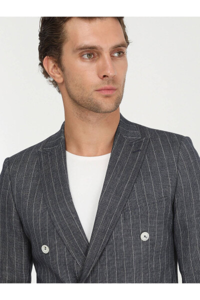 Indigo Striped Slim Fit Linen Blend Jacket - 10