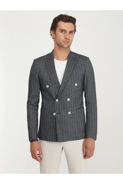 Indigo Striped Slim Fit Linen Blend Jacket - 1