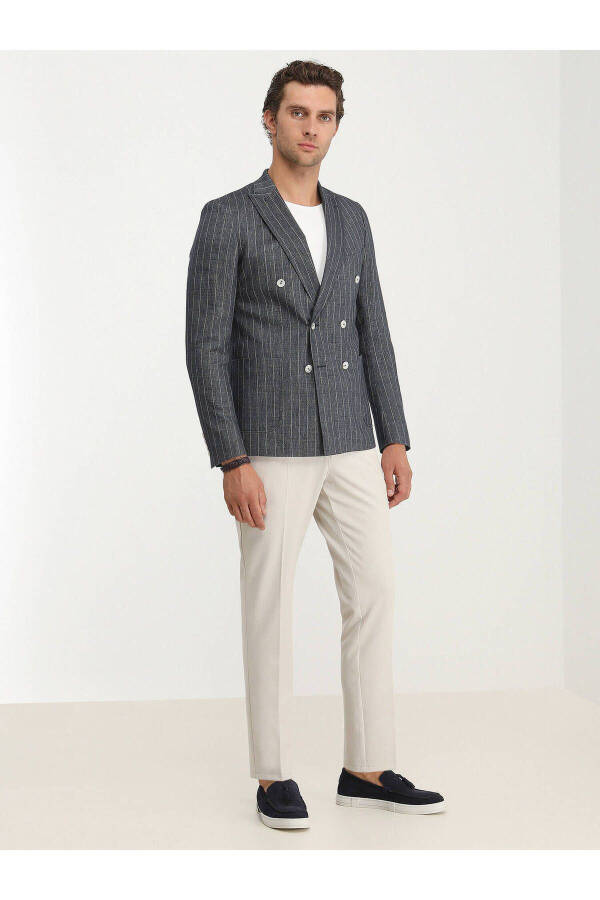 Indigo Striped Slim Fit Linen Blend Jacket - 2