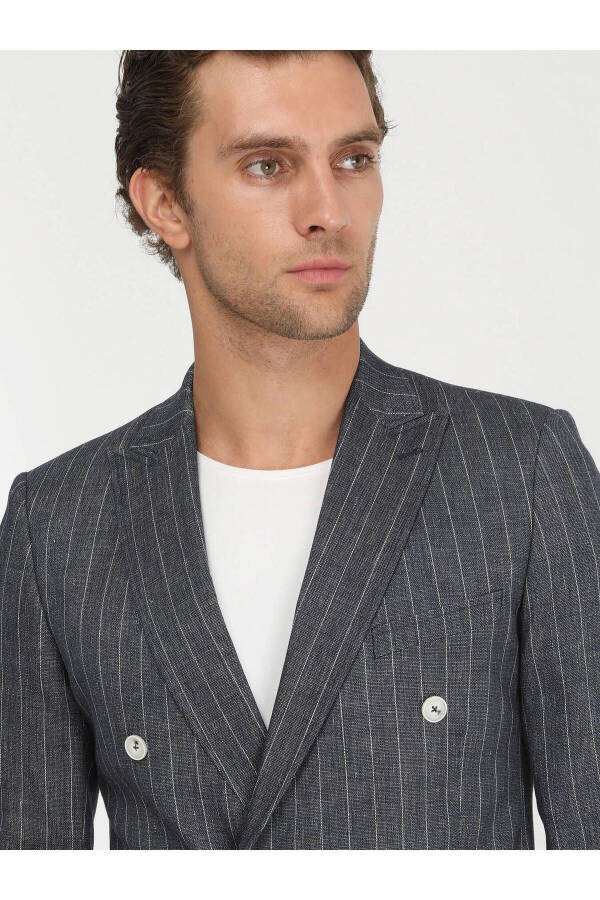 Indigo Striped Slim Fit Linen Blend Jacket - 3