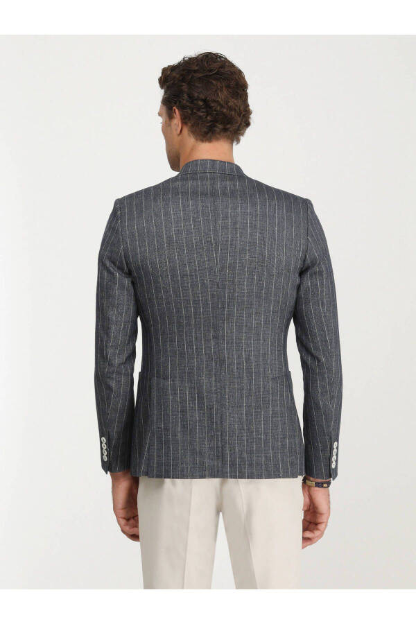 Indigo Striped Slim Fit Linen Blend Jacket - 6