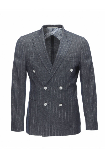 Indigo Striped Slim Fit Linen Blend Jacket - 7