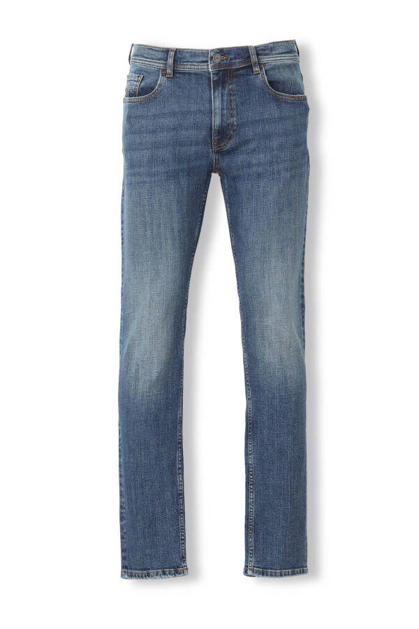 Indigo tek rangli regular fit denim paxta aralash shimli shim - 6