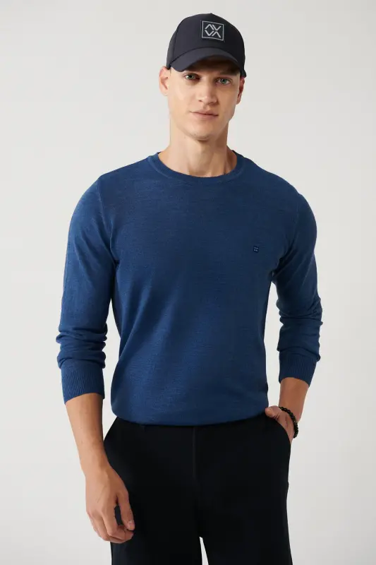 Erkek İndigo Bisiklet Yaka Yün Karışımlı Triko Regular Fit Kazak B005013 - İndigo - 3