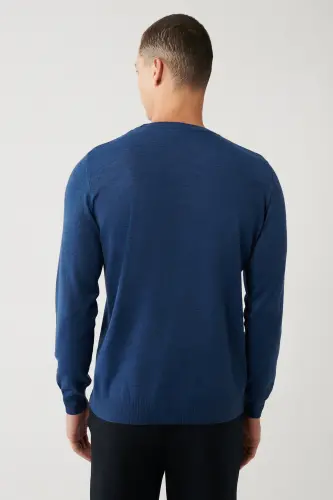 Erkek İndigo Bisiklet Yaka Yün Karışımlı Triko Regular Fit Kazak B005013 - İndigo - 4
