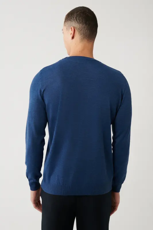 Erkek İndigo Bisiklet Yaka Yün Karışımlı Triko Regular Fit Kazak B005013 - İndigo - 4