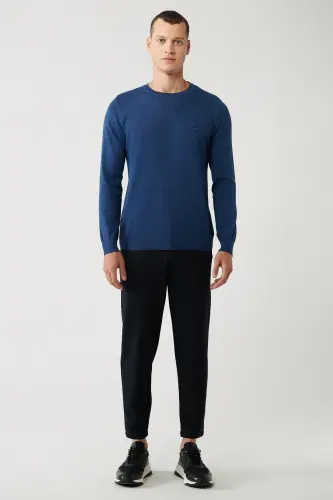Erkek İndigo Bisiklet Yaka Yün Karışımlı Triko Regular Fit Kazak B005013 - İndigo - 5