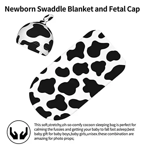 Cow Print Newborn Swaddle Blanket With Hat Set Baby Stuff Receiving Blankets Soft Transition Sleep Sacks Gifts For Infant Boys Girls - 2
