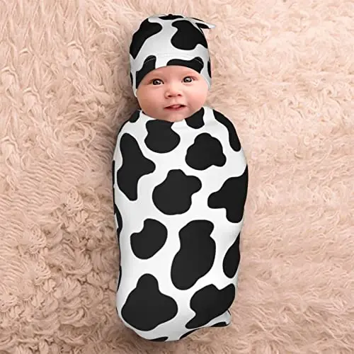 Cow Print Newborn Swaddle Blanket With Hat Set Baby Stuff Receiving Blankets Soft Transition Sleep Sacks Gifts For Infant Boys Girls - 5