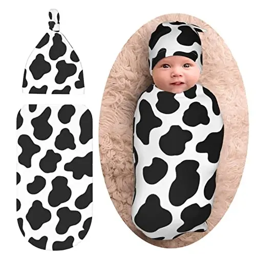 Cow Print Newborn Swaddle Blanket With Hat Set Baby Stuff Receiving Blankets Soft Transition Sleep Sacks Gifts For Infant Boys Girls 
