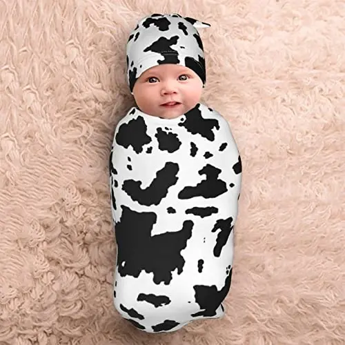 Cow Print Newborn Swaddle Blanket with Hat Set Baby Stuff Receiving Blankets Soft Transition Sleep Sacks Gifts for Infant Boys Girls - 5