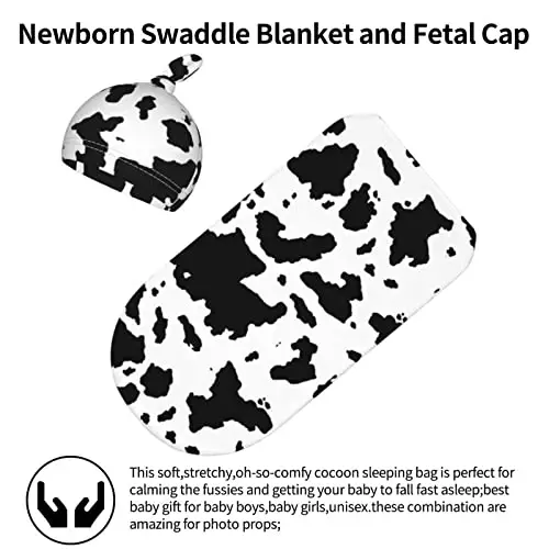 Cow Print Newborn Swaddle Blanket with Hat Set Baby Stuff Receiving Blankets Soft Transition Sleep Sacks Gifts for Infant Boys Girls - 2