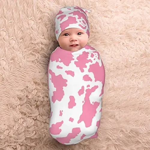 Cow Print Newborn Swaddle Blanket with Hat Set Baby Stuff Receiving Blankets Soft Transition Sleep Sacks Gifts for Infant Boys Girls - 5