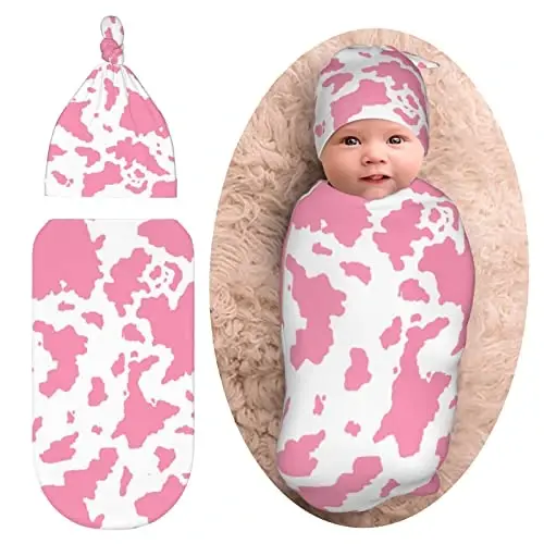 Cow Print Newborn Swaddle Blanket with Hat Set Baby Stuff Receiving Blankets Soft Transition Sleep Sacks Gifts for Infant Boys Girls 