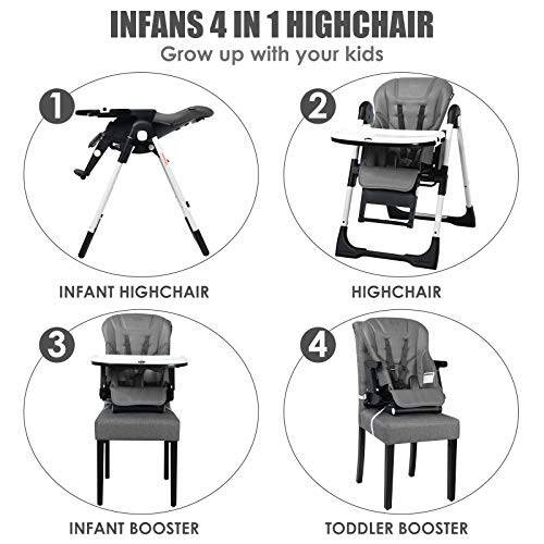 INFANS 4 in 1 High Chair–Booster Seat, Convertible Highchair w/Adjustable Height and Recline,Removable Tray,Detachable Cushion, Installation-Free,Simple Fold for Baby, Infant& Toddler - 32