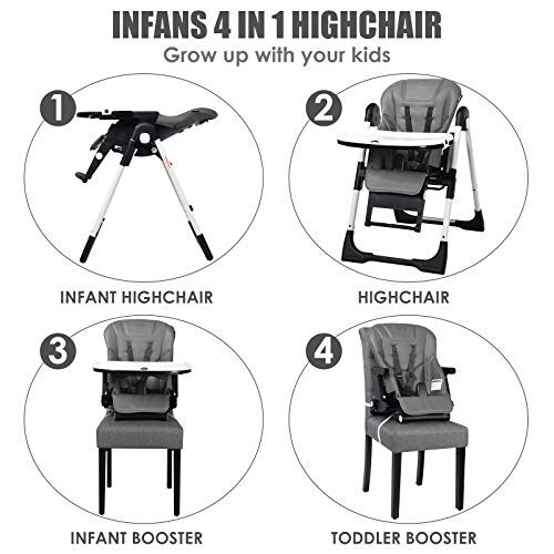 INFANS 4-в-1 Высокий стул - бустерное сиденье, трансформируемый высокий стул с регулируемой высотой и наклоном, съемным подносом, съемной подушкой, без установки, простое складывание для ребенка, младенца и малыша - 32